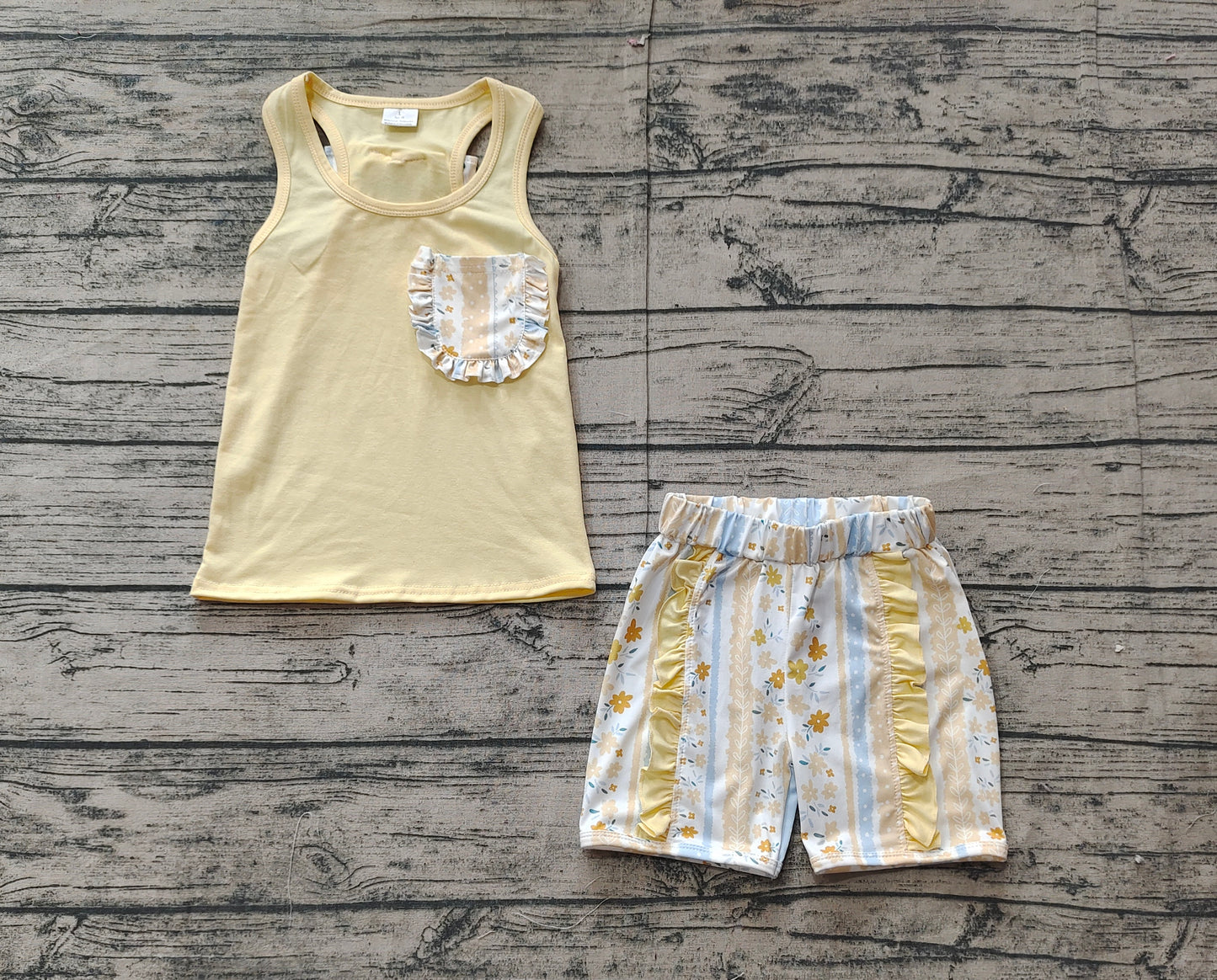 Baby Girl Sleeveless Pocket Bow Yellow Vest Shirt Flower Shorts Clothes Set RTS