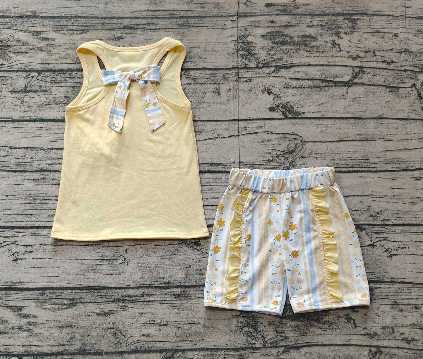 Baby Girl Sleeveless Pocket Bow Yellow Vest Shirt Flower Shorts Clothes Set RTS