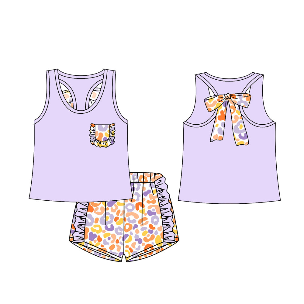 Preorder Baby Girl Sleeveless Pocket Bow Purple Vest Leopard Shorts Clothes Set