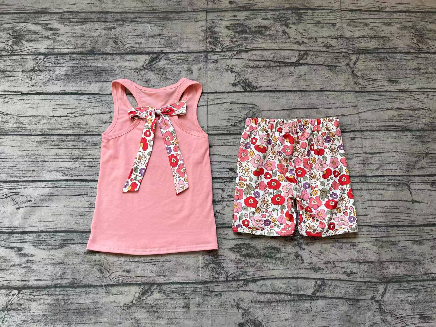 Preorder Baby Girl Sleeveless Pink Vest Shirt Flower Shorts Clothes Set（ No moq ）