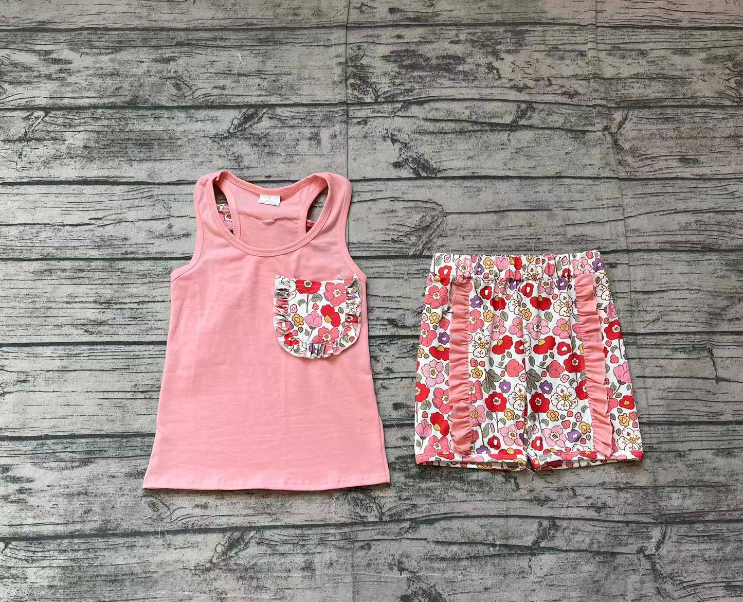 Preorder Baby Girl Sleeveless Pink Vest Shirt Flower Shorts Clothes Set（ No moq ）