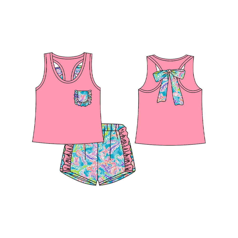 Preorder Baby Girl Sleeveless Pocket Pink Vest Tops Seaweed Ruffle Shorts Clothes Set