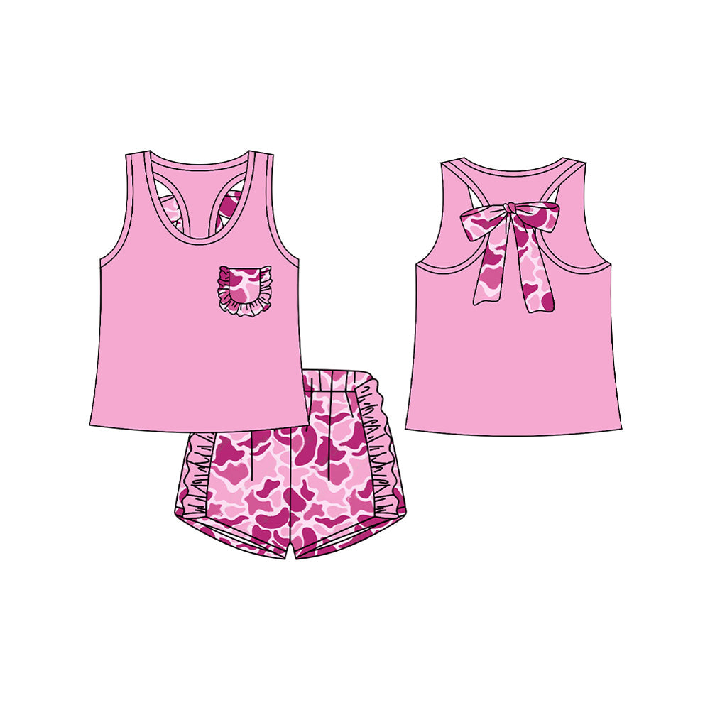 Preorder Baby Girl Sleevelsss Pocket Pink Vest Tops Camo Ruffle Shorts Clothes Set