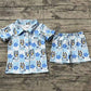 Baby Girl Short Sleeves Dogs Checkered Flower Buttons Shirt Shorts Pajamas Blue Set