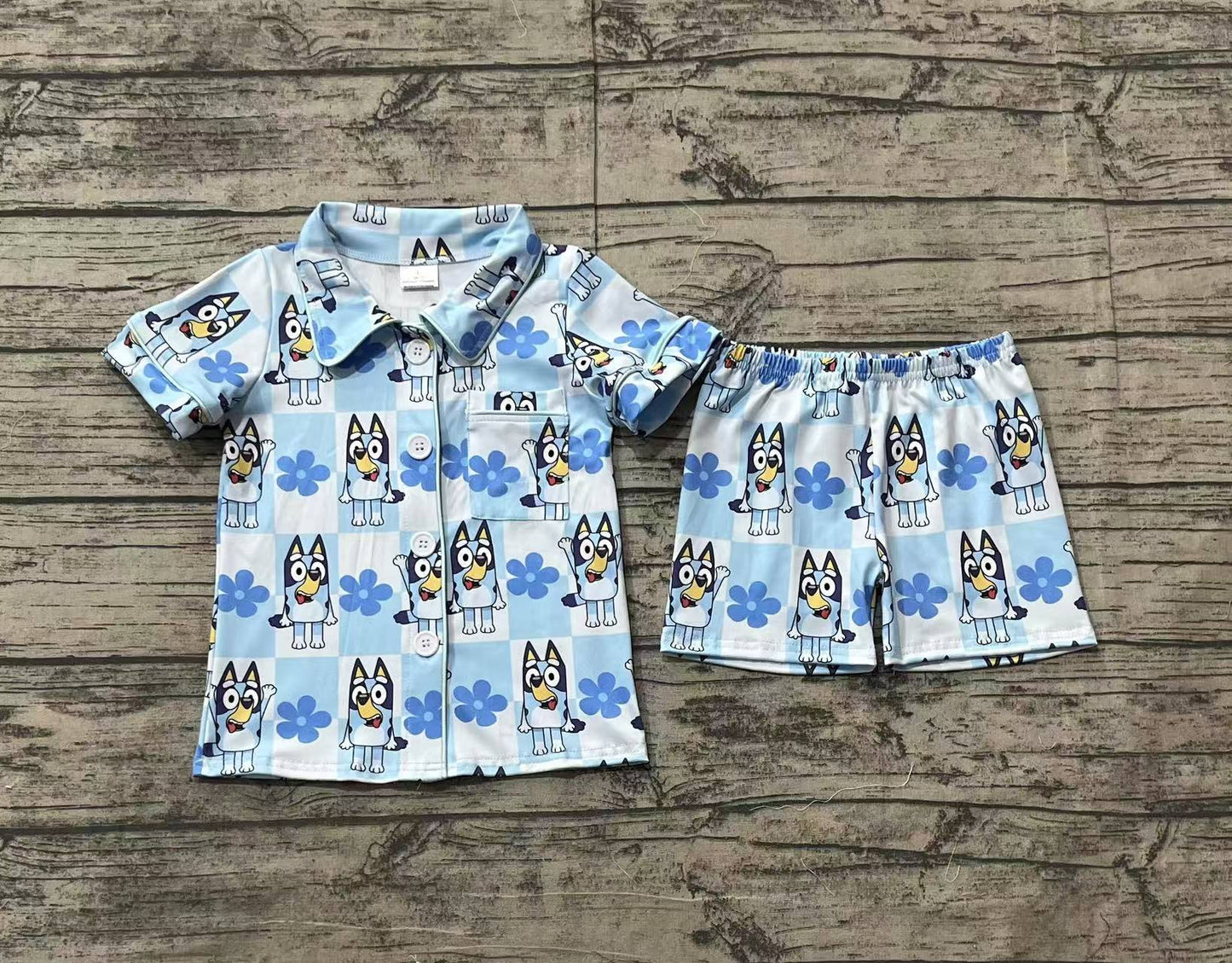 Baby Girl Short Sleeves Dogs Checkered Flower Buttons Shirt Shorts Pajamas Blue Set