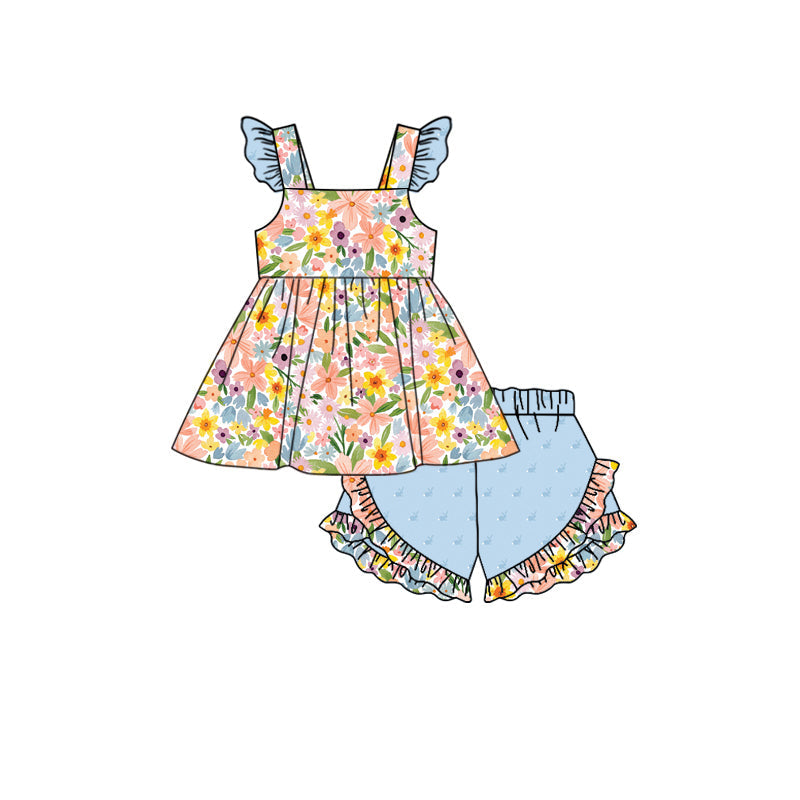 Preorder Baby Girl Straps Flower Tunic Ruffle Blue Shorts Clothes Set