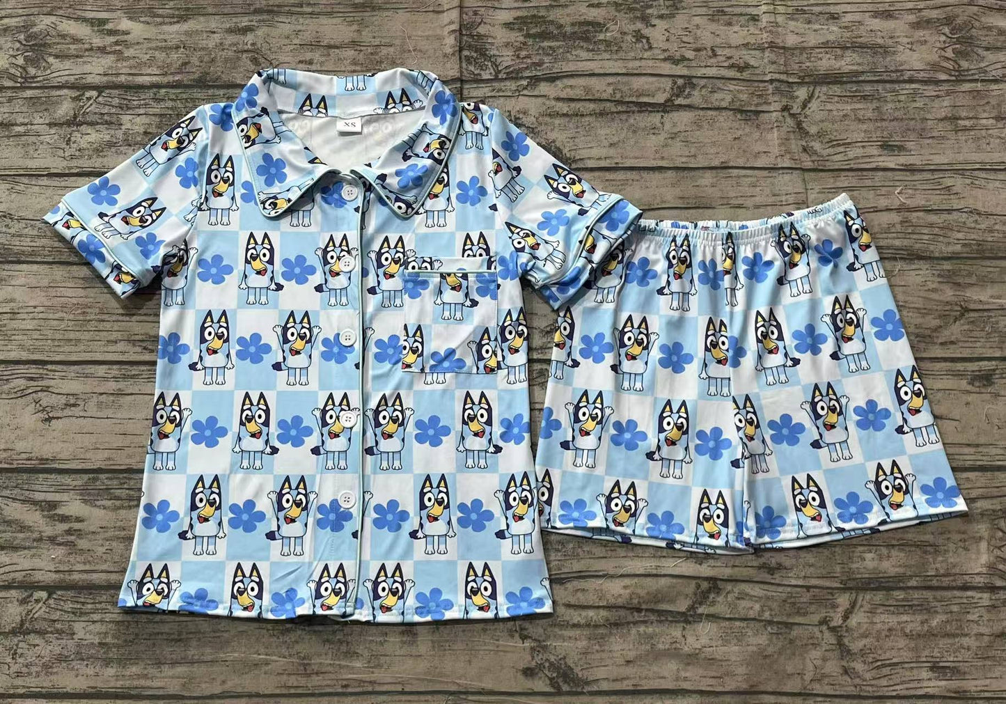 RTS Adult Women Short Sleeves Dogs Checkered Flower Buttons Shirt Shorts Pajamas Blue Set