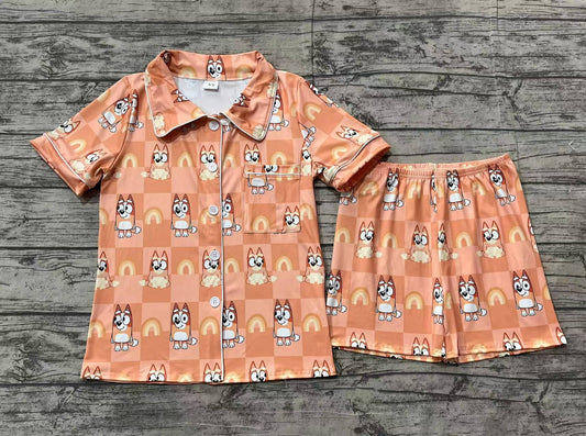 RTS Adult Women Short Sleeves Dogs Checkered Rainbow Buttons Shirt Shorts Pajamas Orange Set