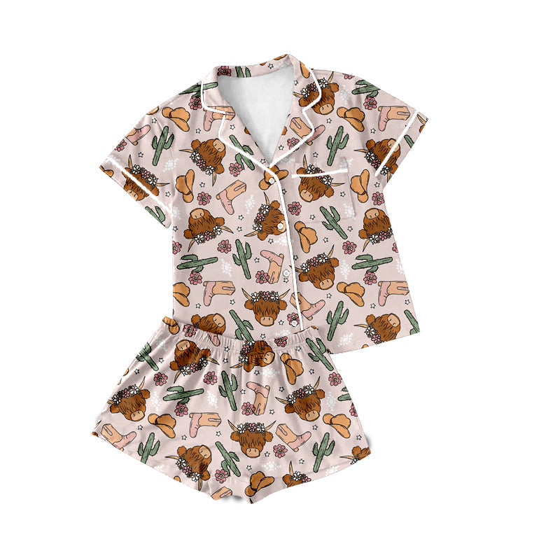 Preorder Adult Women Short Sleeves Western Floral Cow Cactus Buttons Shirt Shorts Pajamas Set