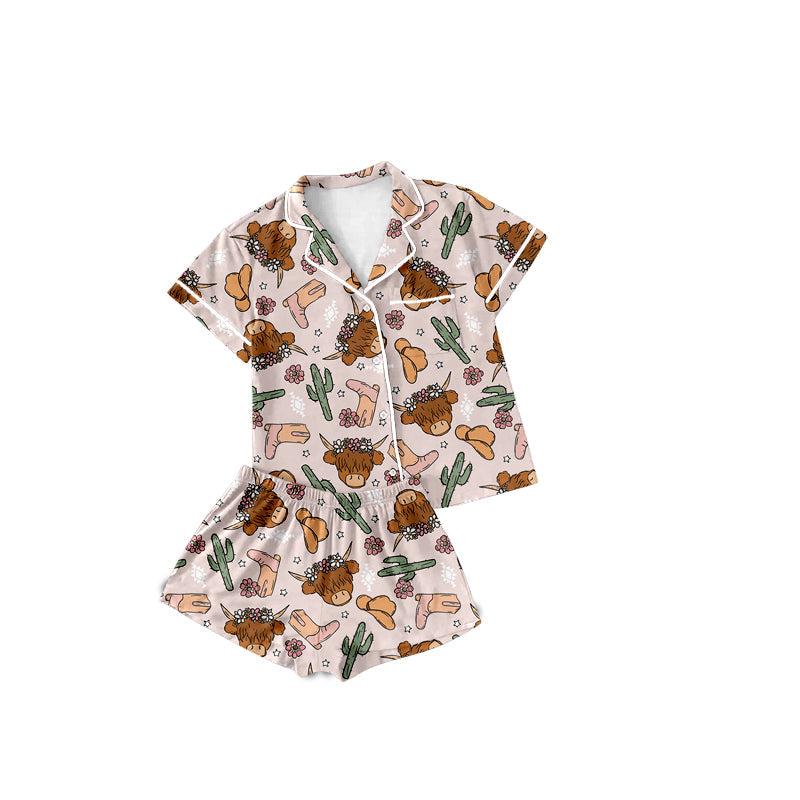 Preorder Baby Girl Short Sleeves Western Floral Cow Cactus Buttons Shirt Shorts Pajamas Set