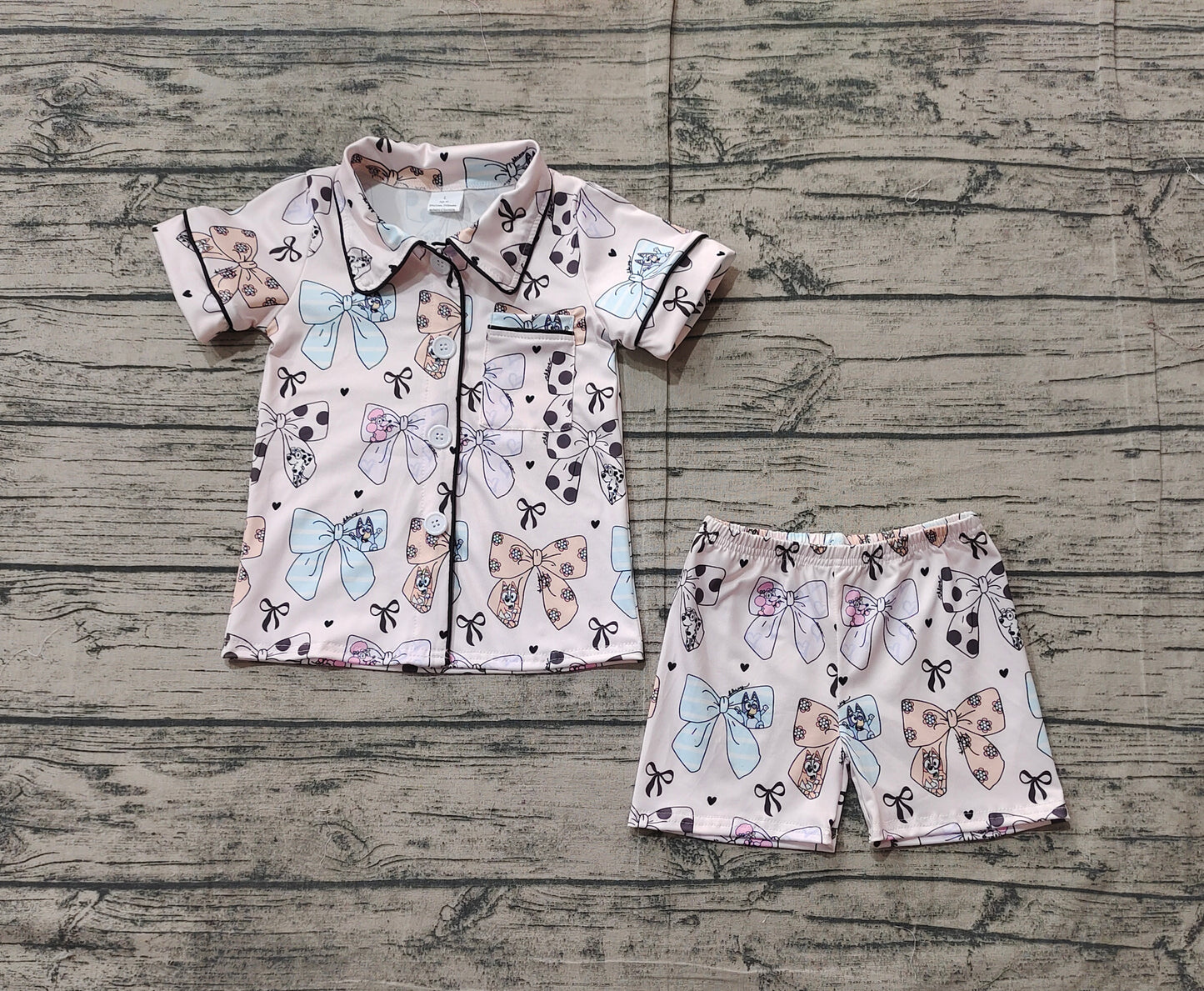 Baby Girl Short Sleeves Bows Dogs Hearts Buttons Shirt Shorts Pajamas Clothes Set RTS