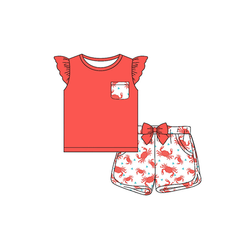 Preorder Baby Girl Short Sleeves Red Shirt Crabs Shorts Clothes Set