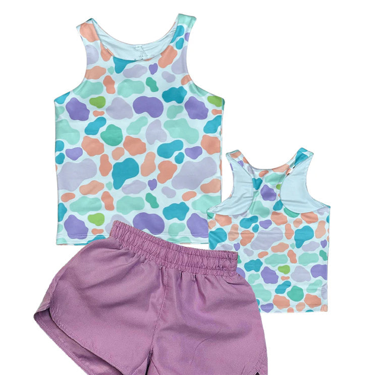 Preorder Baby Girl Sleeveless Camo Vest Shirt Purple Shorts Clothes Set