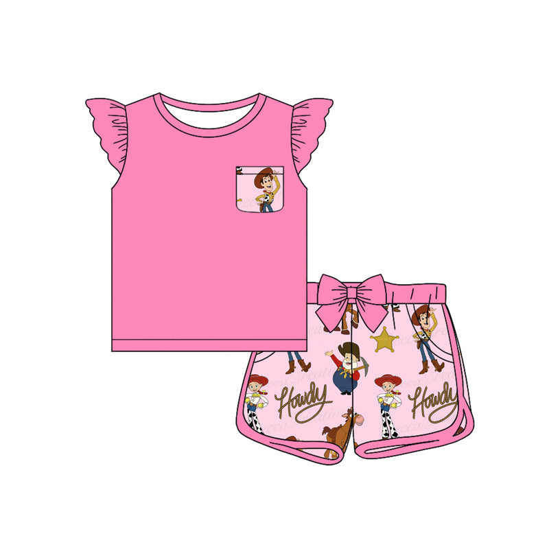Preorder Baby Girl Short Sleeves Pocket Pink Shirt Bow Toys Shorts Clothes Set