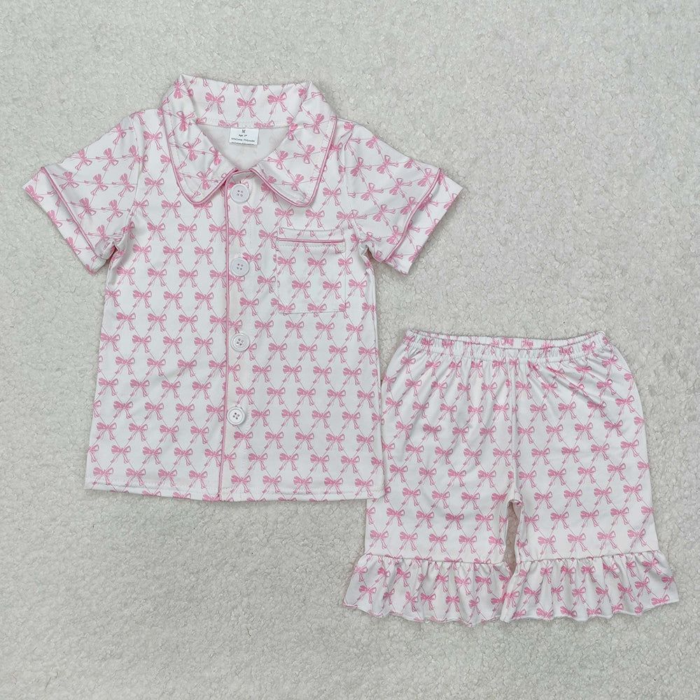 Baby Girl Short Sleeves Bows Buttons Shirt Shorts Sibling Pajamas Set  RTS