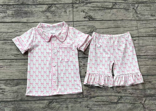 RTS Baby Girl Short Sleeves Pink Bows Buttons Pocket Shirt Shorts Pajamas Set