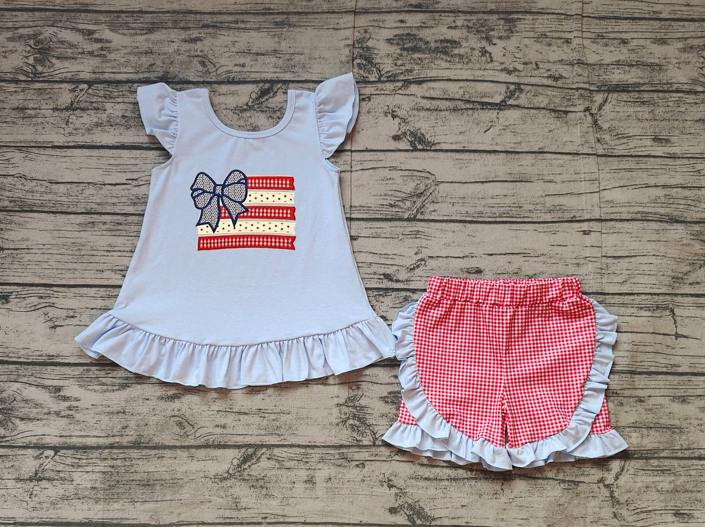 Preorder Baby Girl Short Sleeves Embroidery Flag Bows Tunic Red Plaid Ruffle Shorts Clothes Set