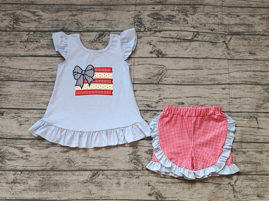 Preorder Baby Girl Short Sleeves Embroidery Flag Bows Tunic Red Plaid Ruffle Shorts Clothes Set