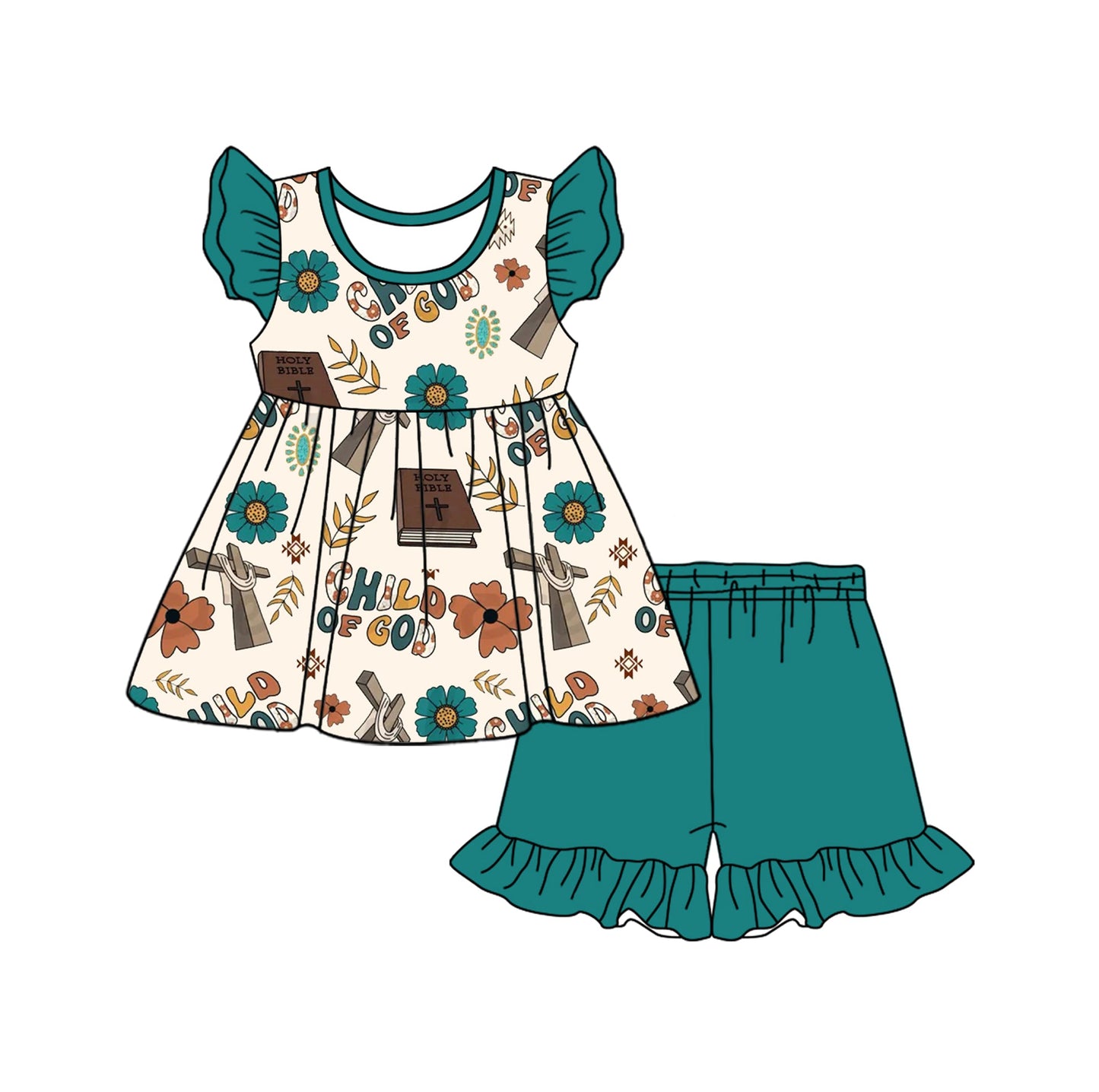 Preorder Baby Girl Short Sleeves Child of God Church Tunic Ruffle Shorts Clothes Set