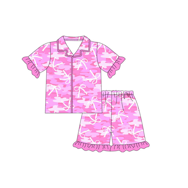 Preorder Baby Girl Short Sleeves Bows Camo Shirt Shorts Pink Pajamas Clothes Set