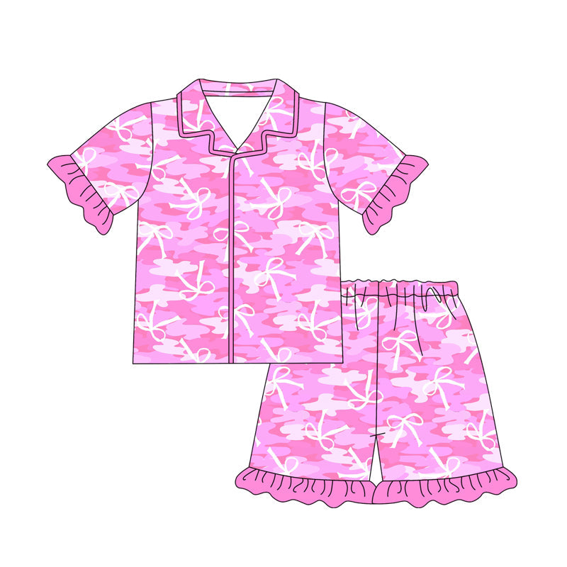 Preorder Adult Women Short Sleeves Bows Camo Shirt Shorts Pink Pajamas Clothes Set