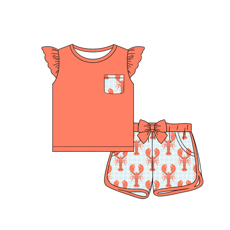 Preorder Baby Girl Short Sleeves Pocket Shirt Crawfish Bow Shorts Set