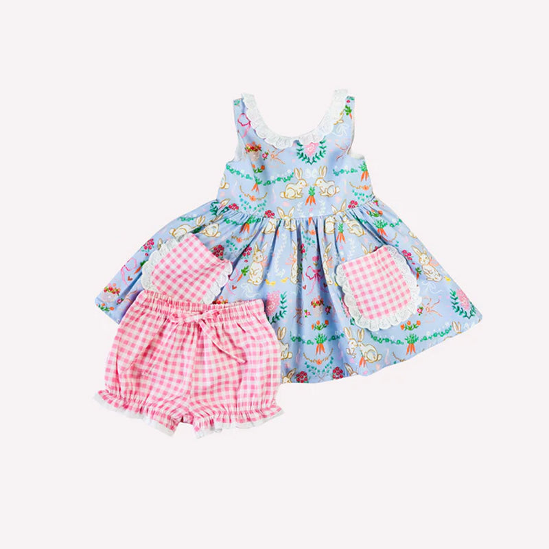 Preorder Baby Girl Sleeveless Easter Rabbits Carrots Tunic Plaid Shorts Clothes Set