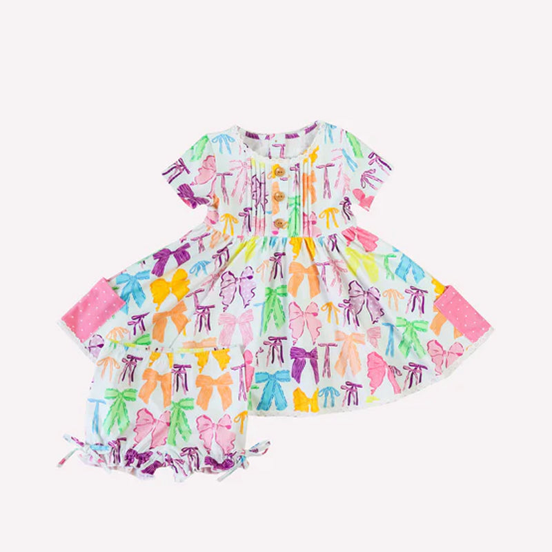 Preorder Baby Girl Short Sleeves Colorful Bows Tunic Shorts Clothes Set
