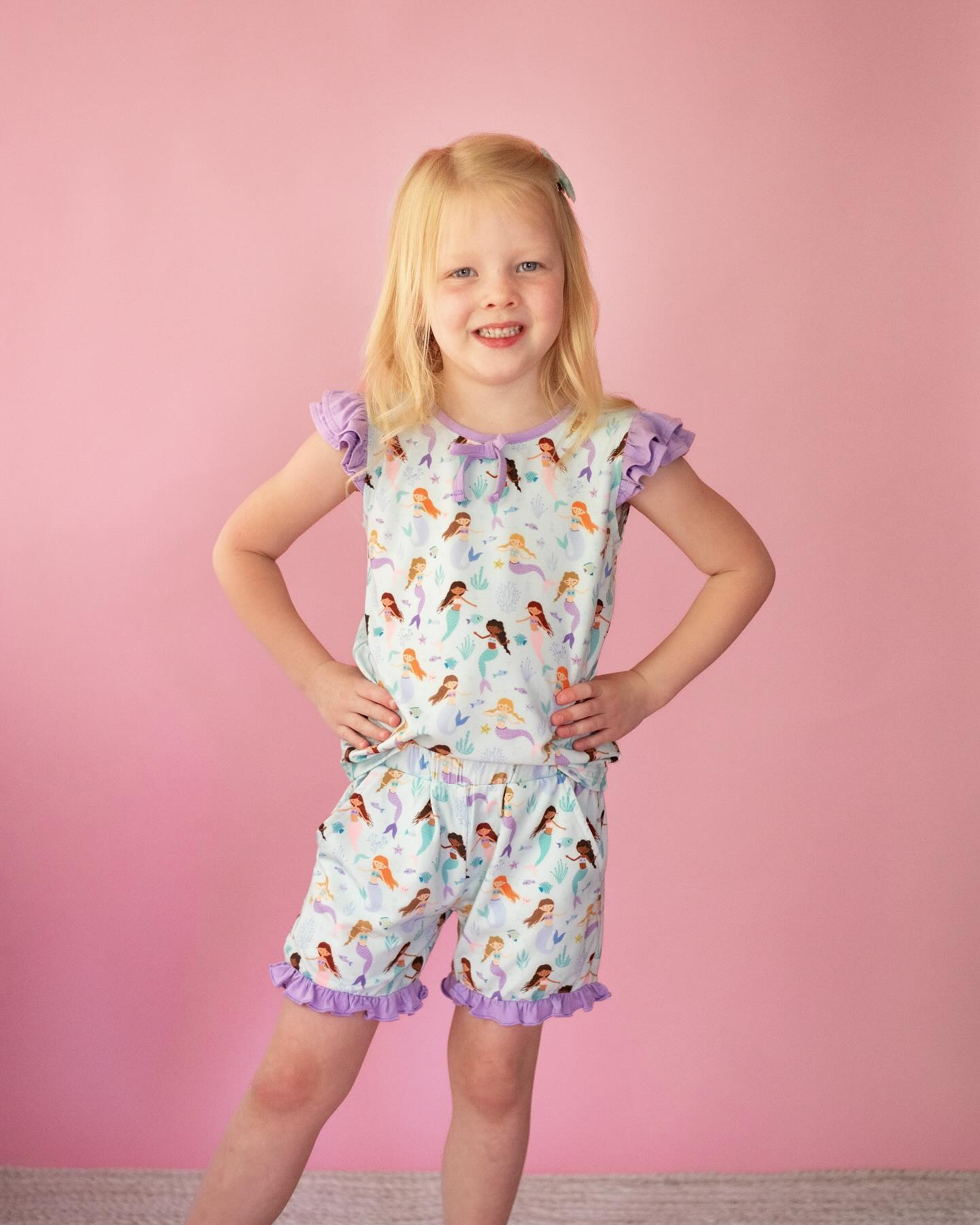 Preorder Baby Girl Purple Short Sleeves Mermaid Shirt Ruffle Shorts Clothes Set