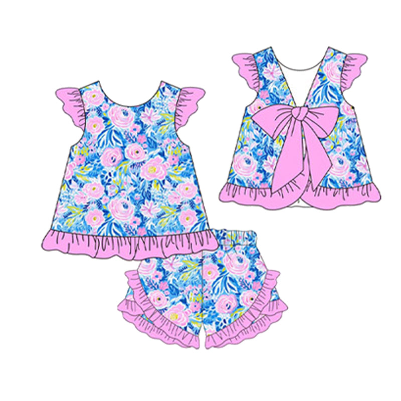 Preorder Baby Girl Short Sleeves Flower Bow Tunic Ruffle Shorts Clothes Set