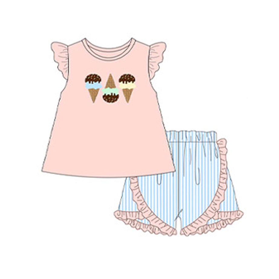 Preorder Baby Girl Short Sleeves Popsticks Tunic Blue Stripes Shorts Clothes Set