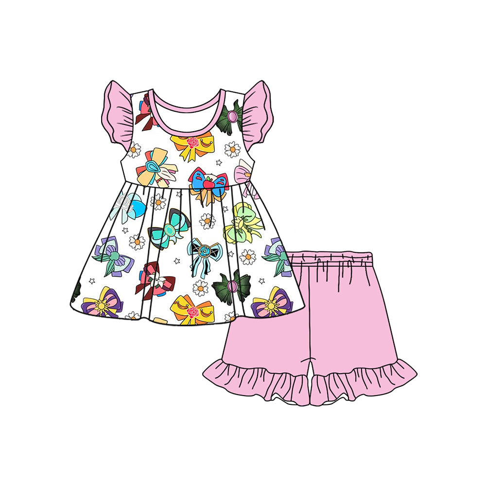 Preorder Baby Girl Short Sleeves Bows Flower Tunic Ruffle Pink Shorts Clothes Set