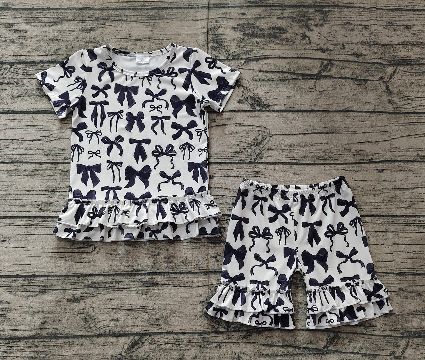 Baby Girl Short Sleeves Black Bows Shirt Ruffle Shorts Clothes Set RTS