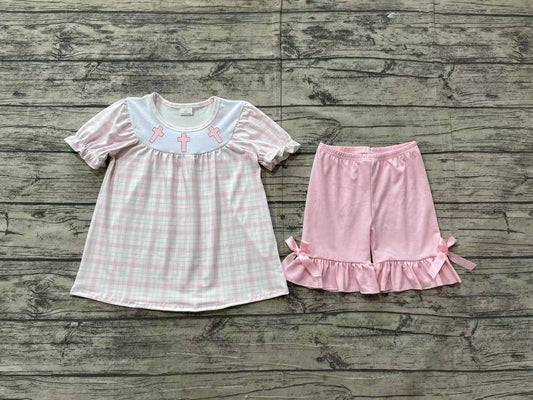 Preorder Baby Girl Short Sleeves Embroidery Easter Cross Plaid Tunic Ruffle Pink Shorts Clothes Set（ No moq ）