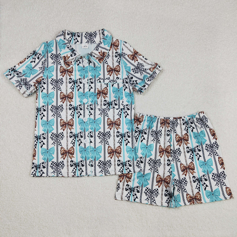 Adult Women Short Sleeves Bows Pocket Buttons Shirt Shorts Pajamas Set RTS