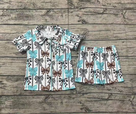 Preorder Baby Kids Girl Short Sleeves Bows Stripes Buttons Shirt Shorts Clothes Pajamas Set（ No moq ）