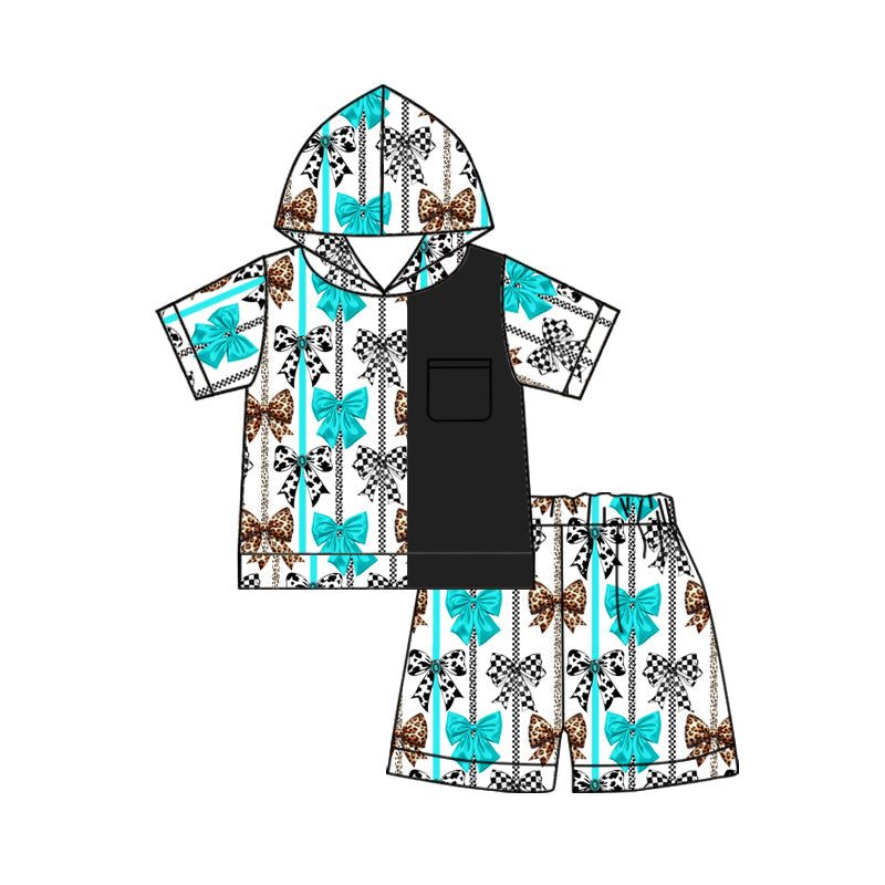 Preorder Baby Kids Girl Short Sleeves Bows Stripes Hooded Shirt Shorts Clothes Set