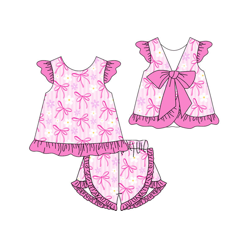 Preorder Baby Girl Short Sleeves Bows Flower Tunic Pink Ruffle Shorts Clothes Set
