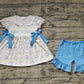 Baby Girl Short Sleeves Flower Big Sister Bows Tunic Ruffle Blue Shorts Clothes Set RTS