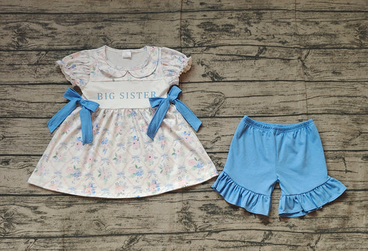 Preorder Baby Girl Short Sleeves Flower Big Sister Bows Tunic Ruffle Blue Shorts Clothes Set