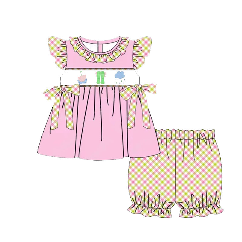 Preorder Baby Girl Short Sleeves Umbrella Bows PInk Tunic Plaid Shorts Clothes Set