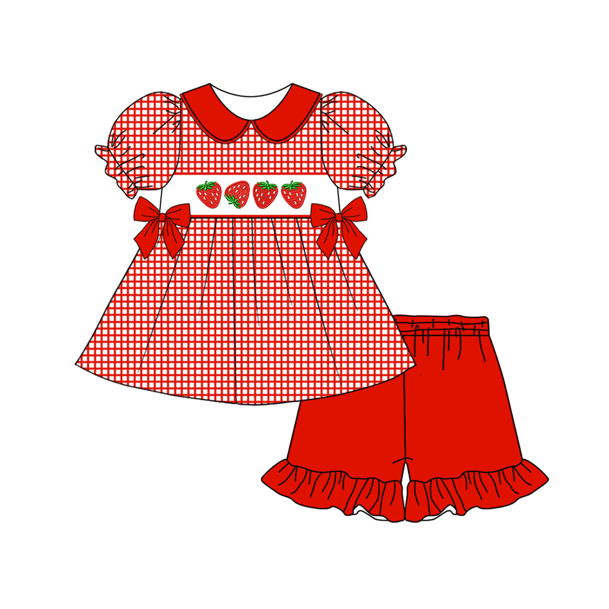 Preorder Baby Girl Short Sleeves Checkered Strawberry Tunic Ruffle Red Shorts Clothes Set
