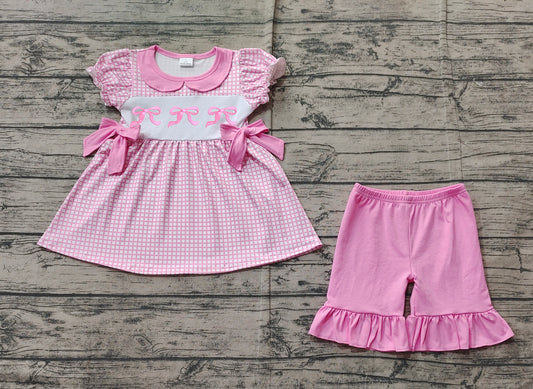 Preorder Baby Girl Short Sleeves Pink Checkered Embroidery Bows Tunic Ruffle Shorts Set（ No moq ）