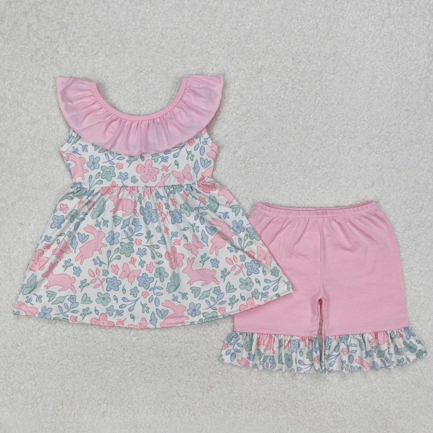 Baby Girl Sleeveless Flower Bows Tunic Ruffle Shorts Sibling Clothes Set RTS