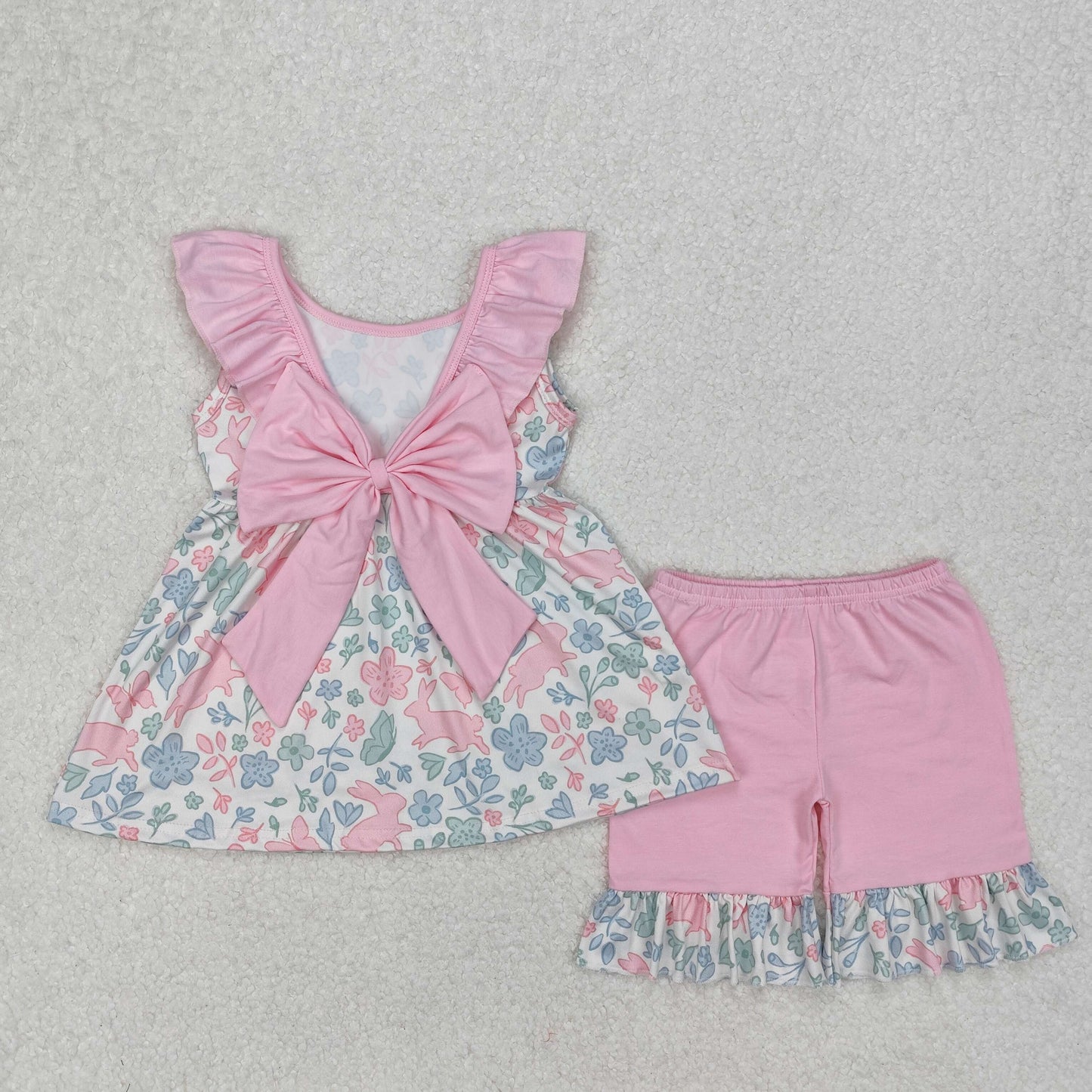 Baby Girl Sleeveless Flower Bows Tunic Ruffle Shorts Sibling Clothes Set RTS