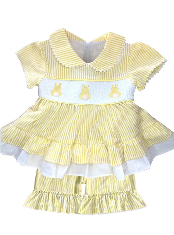 Preorder Baby Girl Short Sleeves Yellow Stripes Easter Rabbits Tunic Ruffle Shorts Clothes Set