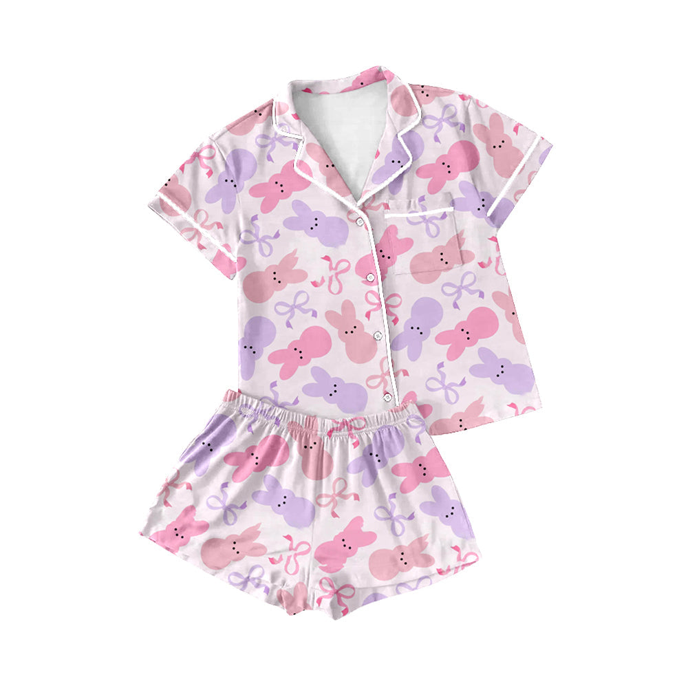 Preorder Adult Women Short Sleeves Easter Rabbits Bows Buttons Shirt Shorts Pajamas Set