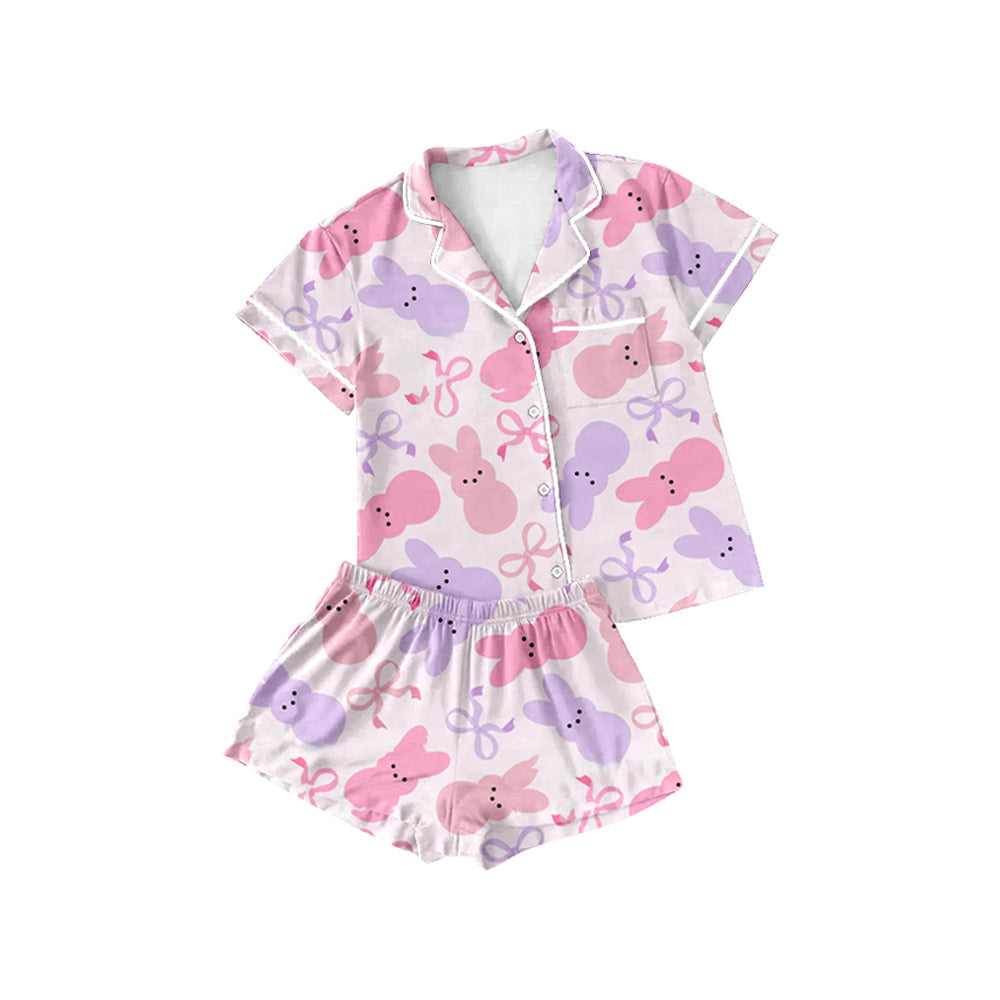 Preorder Baby Girl Short Sleeves Easter Rabbits Bows Buttons Shirt Shorts Pajamas Set