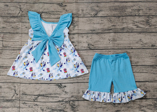 Preorder Baby Girl Dogs Checked Tunic Ruffle Blue Shorts Clothes Set（ No moq ）