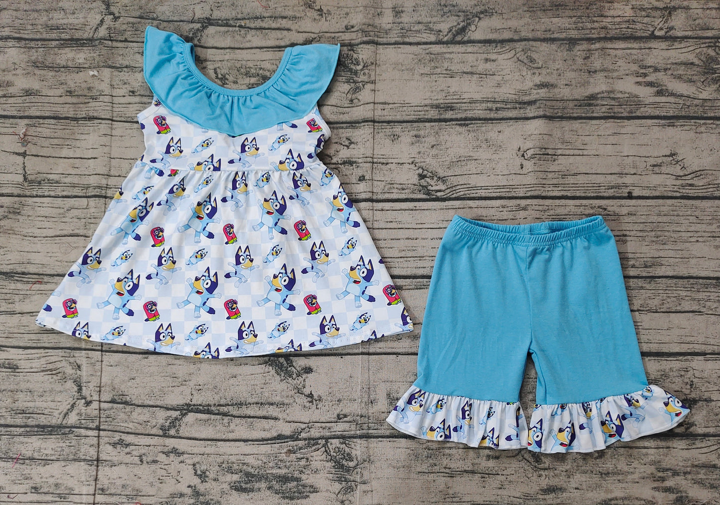 Preorder Baby Girl Dogs Checked Tunic Ruffle Blue Shorts Clothes Set（ No moq ）